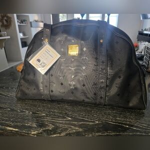 MCM Black Nylon Visetos Logo Dome Satchel with Gold Plaque